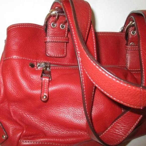 Tignanello Pebbled Red Leather Side Pocket Key Charm Satchel - Picture 2 of 11